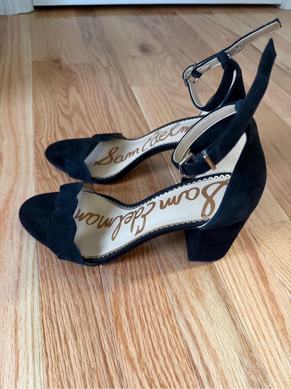 Sam Edelman Black Suede Scalloped Ankle-Strap Block Heels - Picture 2 of 3